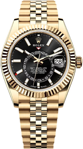 Rolex Sky-Dweller Yellow Gold 42mm Bright Black Dial Fluted Bezel Jubilee Bracelet - 336938 | 2024 Model