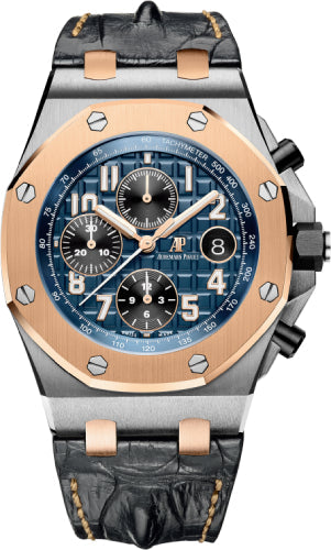 Audemars Piguet Royal Oak Offshore 42mm Selfwinding Chronograph Stainless Steel Blue Dial Rose Gold Bezel & Leather Strap - 26471SR.OO.D101CR.01