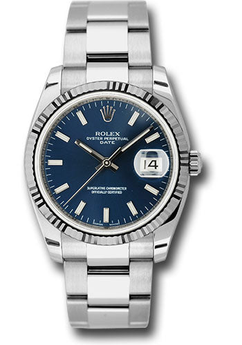 Rolex Date 34 Watch - Fluted Bezel - Blue Index Dial - 115234 blio