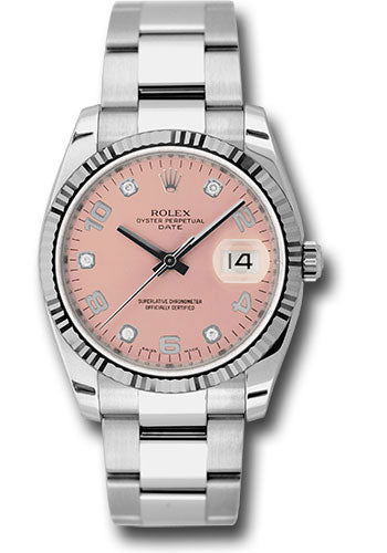 Rolex Date 34 Watch - Fluted Bezel - Pink Five Diamond Dial - 115234 pdo