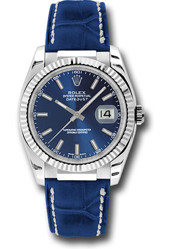 Rolex White Gold Datejust 36 Watch - Fluted Bezel - Blue Index Dial - Blue Leather - 116139 bsl