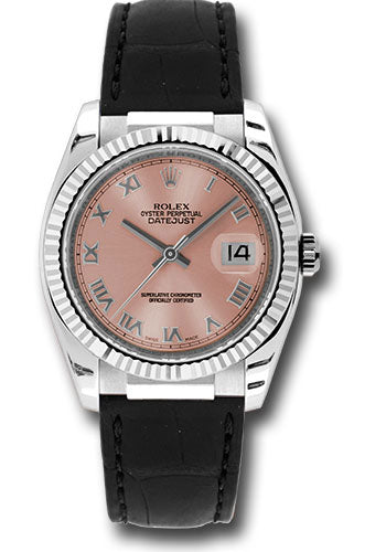 Rolex White Gold Datejust 36 Watch - Fluted Bezel - Pink Roman Dial - Black Leather - 116139 prb