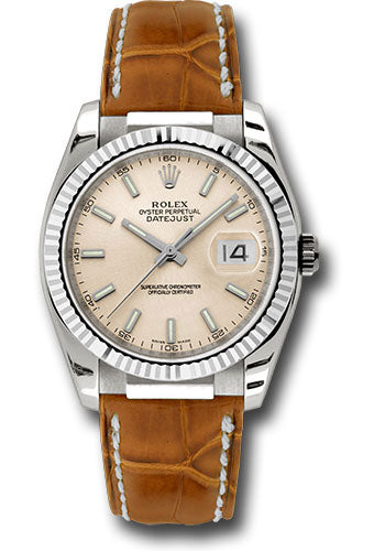 Rolex White Gold Datejust 36 Watch - Fluted Bezel - Pink Index Dial - Brown Leather - 116139 psb