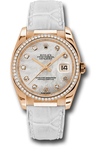 Rolex Pink Gold Datejust 36 Watch - 60 Diamond Bezel - Mother-Of-Pearl Diamond Dial - White Leather - 116185 mdw