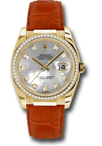 Rolex Yellow Gold Datejust 36 Watch - 60 Diamond Bezel - Mother-Of-Pearl Diamond Dial - Leather - 116188 md