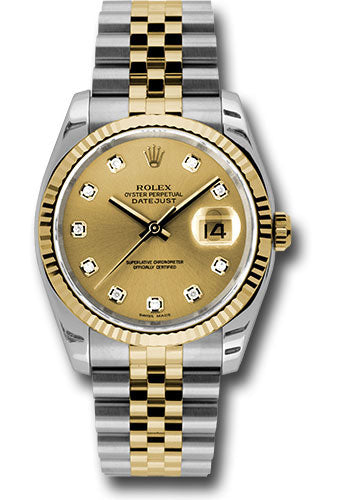 Rolex Steel and Yellow Gold Rolesor Datejust 36 Watch - Fluted Bezel - Champagne Diamond Dial - Jubilee Bracelet - 116233 chdj