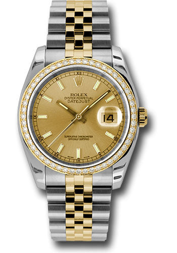 Rolex Steel and Yellow Gold Rolesor Datejust 36 Watch - 52 Brilliant-Cut Diamond Bezel - Champagne Index Dial - Jubilee Bracelet - 116243 chij