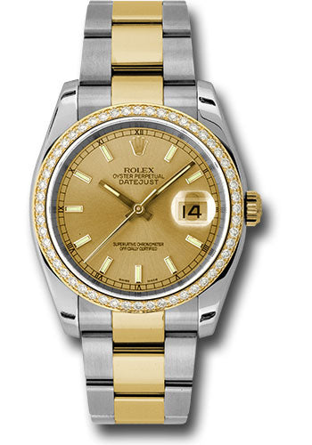 Rolex Steel and Yellow Gold Rolesor Datejust 36 Watch - 52 Diamond Bezel - Champagne Index Dial - Oyster Bracelet - 116243 chio