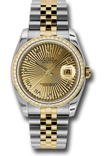 Rolex Steel and Yellow Gold Rolesor Datejust 36 Watch - 52 Brilliant-Cut Diamond Bezel - Champagne Sunbeam Roman Dial - Jubilee Bracelet - 116243 chsbrj