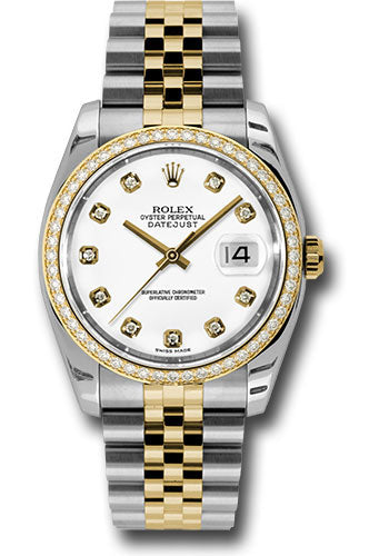 Rolex Steel and Yellow Gold Rolesor Datejust 36 Watch - 52 Brilliant-Cut Diamond Bezel - White Diamond Dial - Jubilee Bracelet - 116243 wdj