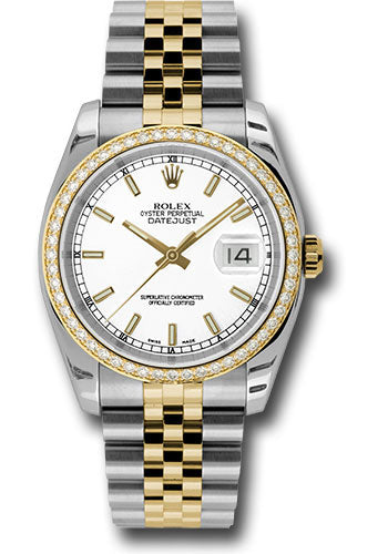 Rolex Steel and Yellow Gold Rolesor Datejust 36 Watch - 52 Brilliant-Cut Diamond Bezel - White Index Dial - Jubilee Bracelet - 116243 wij