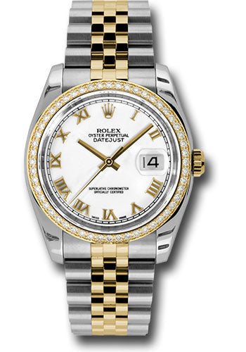 Rolex Steel and Yellow Gold Rolesor Datejust 36 Watch - 52 Brilliant-Cut Diamond Bezel - White Roman Dial - Jubilee Bracelet - 116243 wrj