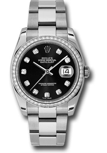 Rolex Steel and White Gold Datejust 36 Watch - 52 Diamond Bezel - Black Diamond Dial - Oyster Bracelet - 116244 bkdo
