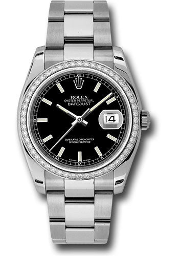 Rolex Steel and White Gold Datejust 36 Watch - 52 Diamond Bezel - Black Index Dial - Oyster Bracelet - 116244 bkio