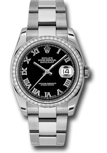 Rolex Steel and White Gold Datejust 36 Watch - 52 Diamond Bezel - Black Roman Dial - Oyster Bracelet - 116244 bkro