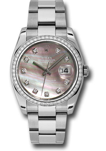 Rolex Steel and White Gold Datejust 36 Watch - 52 Diamond Bezel - Dark Mother-Of-Pearl Diamond Dial - Oyster Bracelet - 116244 dkmdo