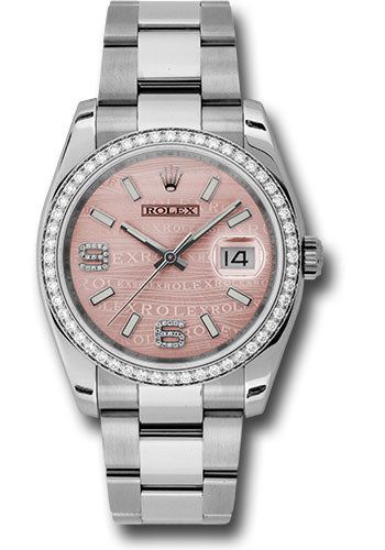 Rolex Steel and White Gold Datejust 36 Watch - 52 Diamond Bezel - Pink Wave Diamond 6 And 9 Arabic Dial - Oyster Bracelet - 116244  pwdao