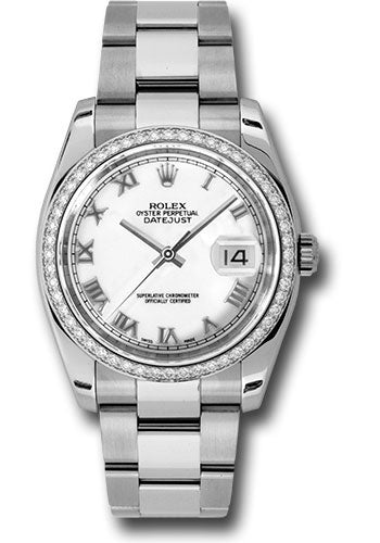 Rolex Steel and White Gold Datejust 36 Watch - 52 Diamond Bezel - White Roman Dial - Oyster Bracelet - 116244 wro