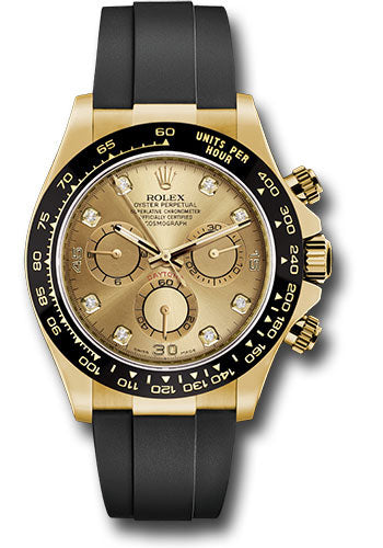 Rolex Yellow Gold Cosmograph Daytona 40 Watch - Champagne Diamond Dial - Black Oysterflex Strap - 116518LN chdof