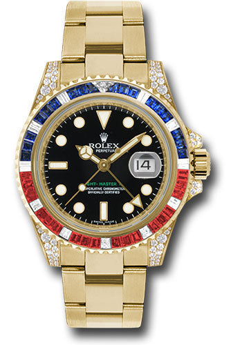 Rolex Yellow Gold GMT-Master II 40 Watch - Sapphire Ruby Diamond Bezel - Black Dial - Oyster Bracelet - 116758SARU