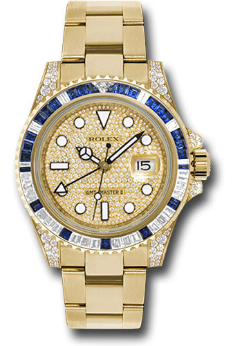 Rolex Yellow Gold GMT-Master II 40 Watch - Diamond And Blue Sapphire Bezel - Pave Diamond Dial - Oyster Bracelet - 116758SA pave