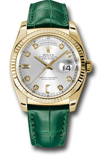 Rolex Yellow Gold Day-Date 36 Watch - Fluted Bezel - Silver Diamond Dial - Green Leather - 118138 sdl