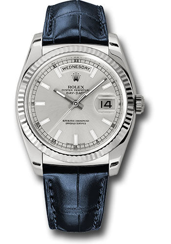 Rolex White Gold Day-Date 36 Watch - Fluted Bezel - Silver Index Dial - Blue Leather - 118139 sibl