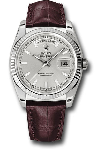 Rolex White Gold Day-Date 36 Watch - Fluted Bezel - Silver Index Dial - Brown Leather - 118139 sibr