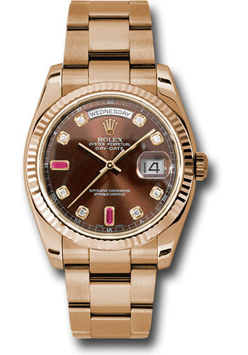 Rolex Everose Gold Day-Date 36 Watch - Fluted Bezel - Chocolate Diamond And Ruby Dial - Oyster Bracelet - 118235 chodro