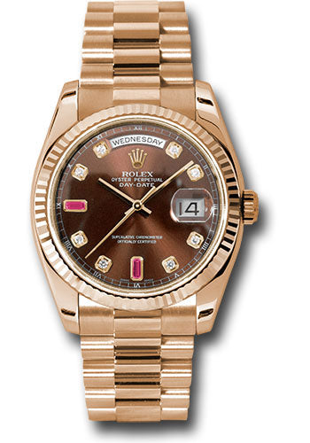 Rolex Everose Gold Day-Date 36 Watch - Fluted Bezel - Chocolate Diamond And Ruby Dial - President Bracelet - 118235 chodrp