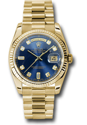 Rolex Yellow Gold Day-Date 36 Watch - Fluted Bezel - Blue Diamond Dial - President Bracelet - 118238 bdp