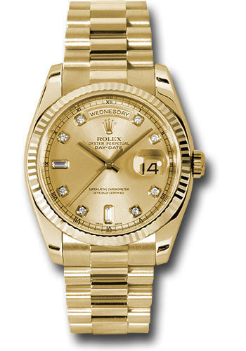 Rolex Yellow Gold Day-Date 36 Watch - Fluted Bezel - Champagne Diamond Dial - President Bracelet - 118238 chdp