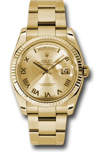 Rolex Yellow Gold Day-Date 36 Watch - Fluted Bezel - Champagne Roman Dial - Oyster Bracelet - 118238 chro