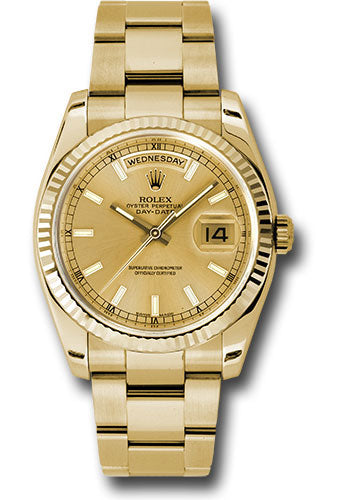 Rolex Yellow Gold Day-Date 36 Watch - Fluted Bezel - Champagne Index Dial - Oyster Bracelet - 118238 chso