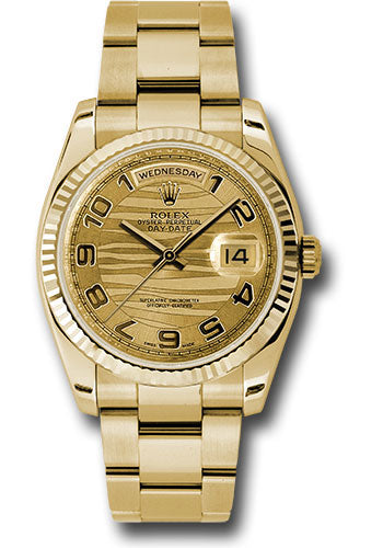 Rolex Yellow Gold Day-Date 36 Watch - Fluted Bezel - Champagne Wave Arabic Dial - Oyster Bracelet - 118238 chwao