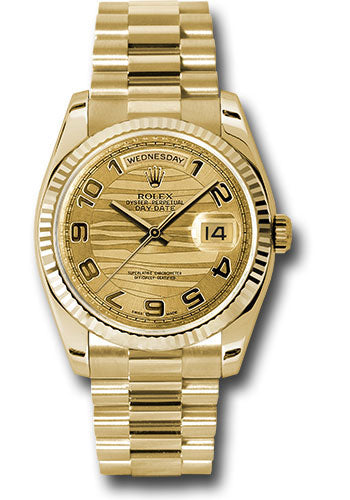Rolex Yellow Gold Day-Date 36 Watch - Fluted Bezel - Champagne Wave Arabic Dial - President Bracelet - 118238 chwap