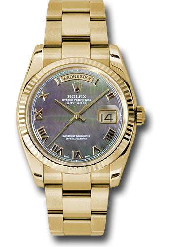 Rolex Yellow Gold Day-Date 36 Watch - Fluted Bezel - Dark Mother-Of-Pearl Roman Dial - Oyster Bracelet - 118238 dkmro
