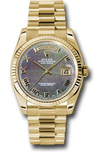 Rolex Yellow Gold Day-Date 36 Watch - Fluted Bezel - Dark Mother-Of-Pearl Roman Dial - President Bracelet - 118238 dkmrp