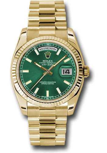Rolex Yellow Gold Day-Date 36 Watch - Fluted Bezel - Green Index Dial - President Bracelet - 118238 grip