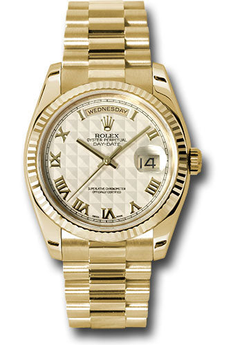 Rolex Yellow Gold Day-Date 36 Watch - Fluted Bezel - Ivory Pyramid Roman Dial - President Bracelet - 118238 iprp