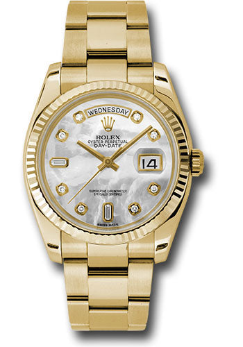 Rolex Yellow Gold Day-Date 36 Watch - Fluted Bezel - Mother-Of-Pearl Diamond Dial - Oyster Bracelet - 118238 mdo