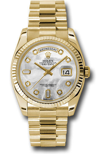 Rolex Yellow Gold Day-Date 36 Watch - Fluted Bezel - Mother-Of-Pearl Diamond Dial - President Bracelet - 118238 mdp