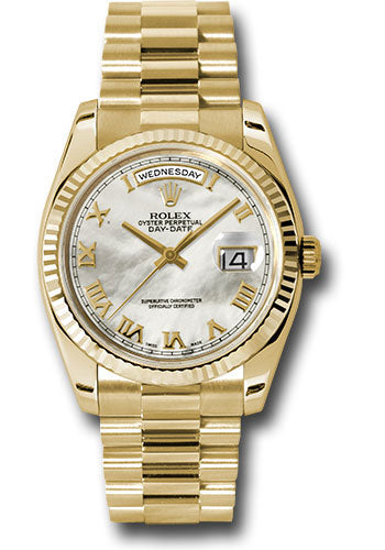 Rolex Yellow Gold Day-Date 36 Watch - Fluted Bezel - Mother-Of-Pearl Roman Dial - President Bracelet - 118238 mrp
