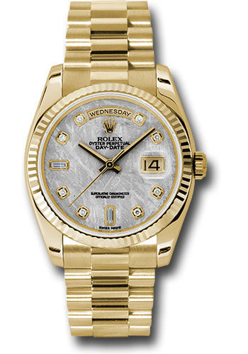 Rolex Yellow Gold Day-Date 36 Watch - Fluted Bezel - Meteorite Diamond Dial - President Bracelet - 118238 mtdp