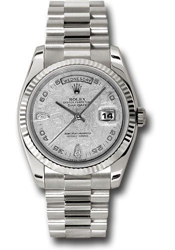 Rolex White Gold Day-Date 36 Watch - Fluted Bezel - Meteorite Diamond Dial - President Bracelet - 118239 mtadp