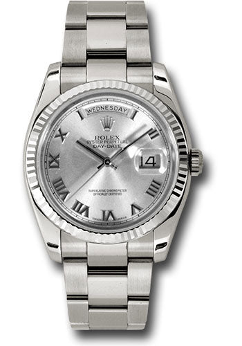 Rolex White Gold Day-Date 36 Watch - Fluted Bezel - Rhodium Roman Dial - Oyster Bracelet - 118239 rro
