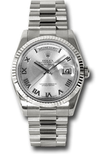 Rolex White Gold Day-Date 36 Watch - Fluted Bezel - Rhodium Roman Dial - President Bracelet - 118239 rrp