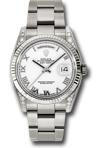 Rolex White Gold Day-Date 36 Watch - Fluted Bezel - White Roman Dial - Oyster Bracelet - 118339 wro