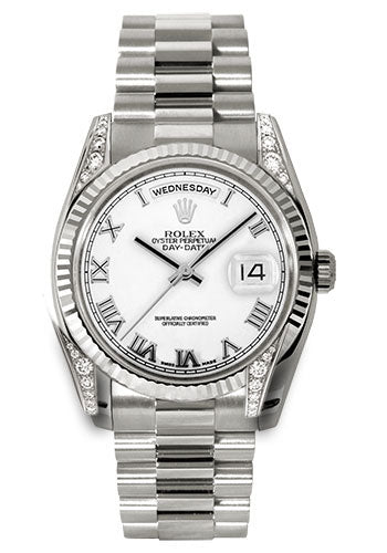 Rolex White Gold Day-Date 36 Watch - Fluted Bezel - White Roman Dial - President Bracelet - 118339 wrp