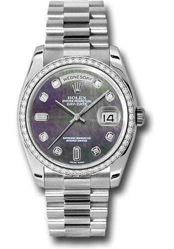 Rolex Platinum Day-Date 36 Watch -  Bezel - Dark Mother-Of-Pearl Diamond Dial - President Bracelet - 118346 dkmdp